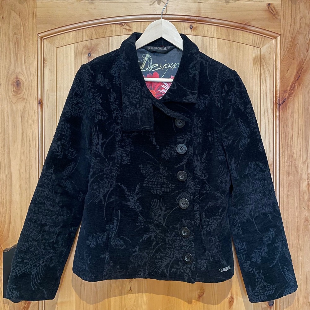 Desigual Black Jacquard Textured Jacket Artsy Boho Whimsigoth Button Front 40
